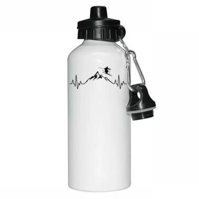 Ski Heartbeat Mountains Skiing Ecg Skiing Pulse Gift Aluminum Water Bottle 