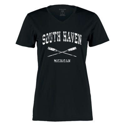 South Haven Michigan Vintage Nautical Crossed Oars Women's Momentum V-Neck T-Shirt