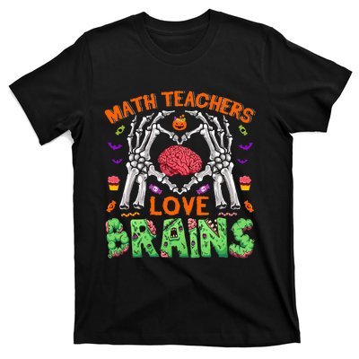 Spooky Halloween Math Teacher Gift Love and Brains with Skeleton Hand T-Shirt