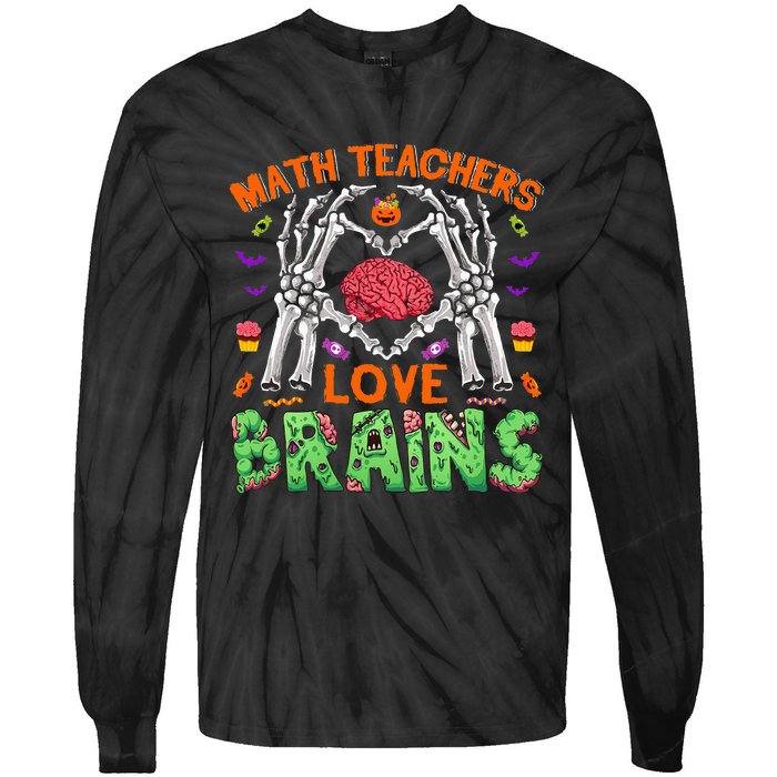 Spooky Halloween Math Teacher Gift Love and Brains with Skeleton Hand Tie-Dye Long Sleeve Shirt