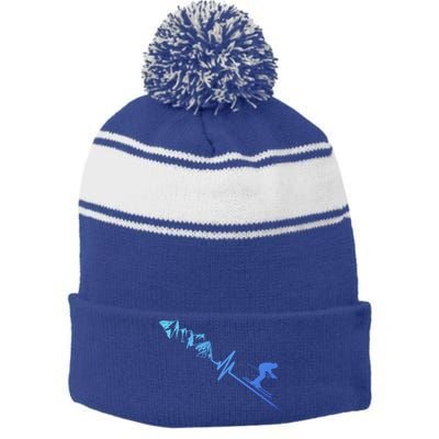 Skier Heartbeat Mountains Skiing Pulse Cute Gift Stripe Pom Pom Beanie