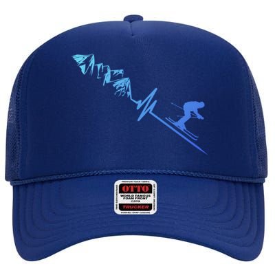 Skier Heartbeat Mountains Skiing Pulse Cute Gift High Crown Mesh Back Trucker Hat