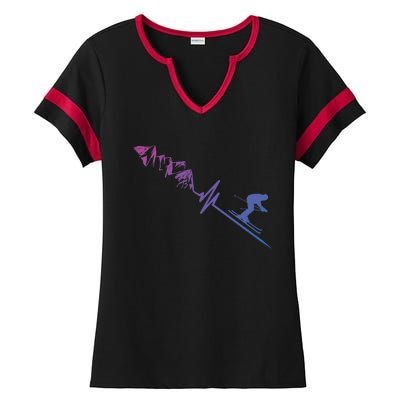 Skier Heartbeat Mountains Skiing Pulse Cute Gift Ladies Halftime Notch Neck Tee