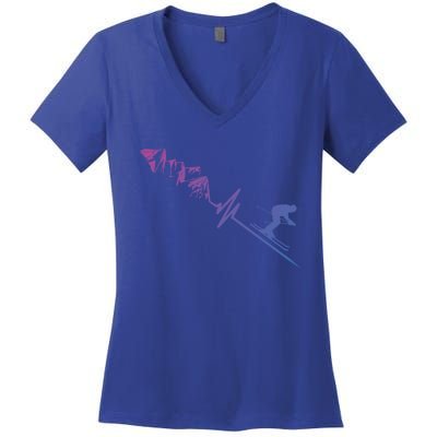 Skier Heartbeat Mountains Skiing Pulse Cute Gift Women's V-Neck T-Shirt