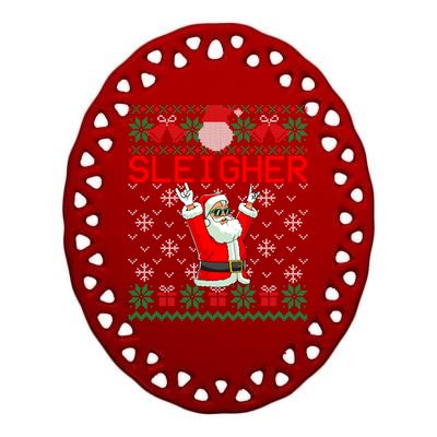 Sleigher Heavy Metal Music Hail Santa Ugly Christmas Sweater Funny Gift Ceramic Oval Ornament