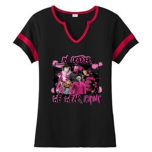 Scary Horror Movie Halloween Characters Breast Cancer Pink Ladies Halftime Notch Neck Tee