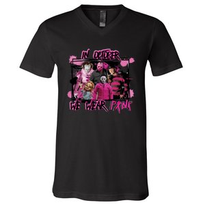 Scary Horror Movie Halloween Characters Breast Cancer Pink V-Neck T-Shirt