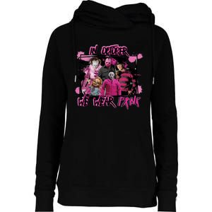 Scary Horror Movie Halloween Characters Breast Cancer Pink Womens Funnel Neck Pullover Hood