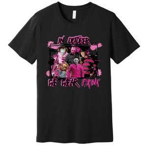 Scary Horror Movie Halloween Characters Breast Cancer Pink Premium T-Shirt