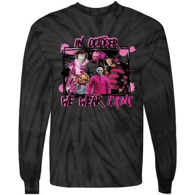 Scary Horror Movie Halloween Characters Breast Cancer Pink Tie-Dye Long Sleeve Shirt