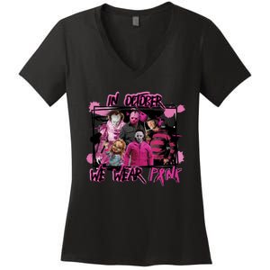 Scary Horror Movie Halloween Characters Breast Cancer Pink Women's V-Neck T-Shirt