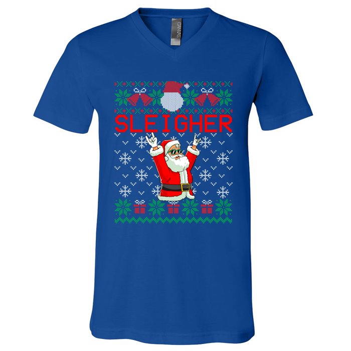 Sleigher Heavy Metal Music Hail Santa Ugly Christmas Gift V-Neck T-Shirt