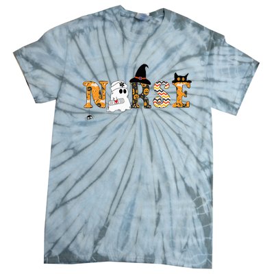 Spooky Halloween Nurse RN Cute Scrub Healthcare Cat Witch Tie-Dye T-Shirt