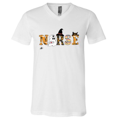 Spooky Halloween Nurse RN Cute Scrub Healthcare Cat Witch V-Neck T-Shirt