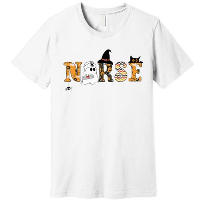 Spooky Halloween Nurse RN Cute Scrub Healthcare Cat Witch Premium T-Shirt