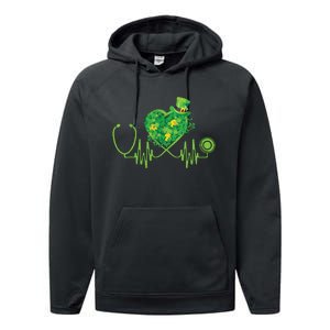 Stethoscope Heartbeat Nurse Doctor St Patricks Day Clover Performance Fleece Hoodie