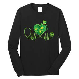 Stethoscope Heartbeat Nurse Doctor St Patricks Day Clover Long Sleeve Shirt