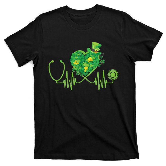 Stethoscope Heartbeat Nurse Doctor St Patricks Day Clover T-Shirt