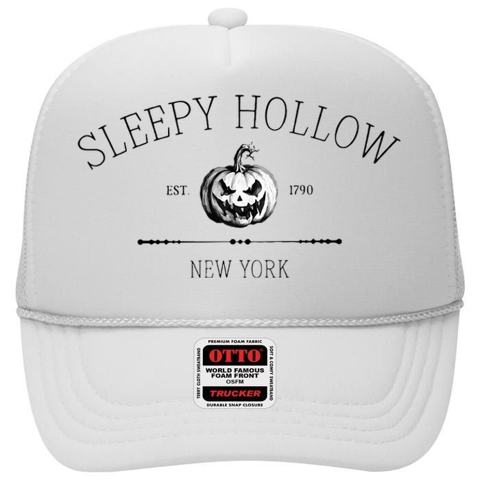 Sleepy Hollow New York Ny Vintage Design Halloween Pumpkin High Crown Mesh Back Trucker Hat