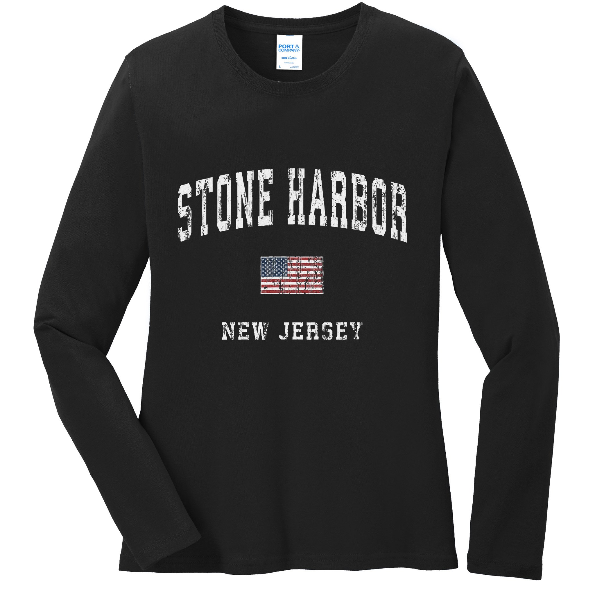 Stone Harbor New Jersey Nj Vintage American Flag Sports Ladies Long Sleeve Shirt