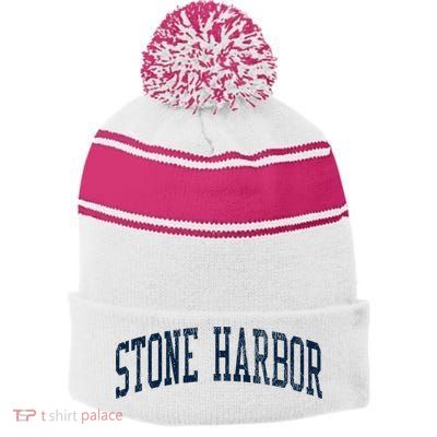 Stone Harbor Nj Vintage Athletic Sports Stripe Pom Pom Beanie