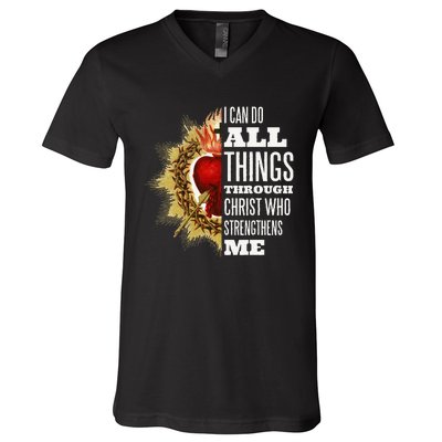 Sacred Heart of Jesus I Can Do All Things Through Christ V-Neck T-Shirt