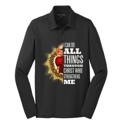 Sacred Heart of Jesus I Can Do All Things Through Christ Silk Touch Performance Long Sleeve Polo