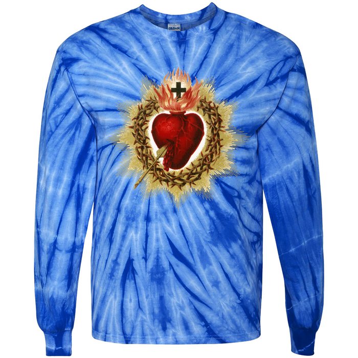 Sacred Heart Of Jesus Christ Catholic Blessing Vintage Art Gift Tie-Dye Long Sleeve Shirt