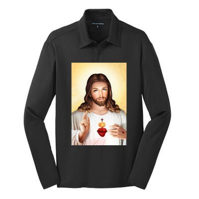 Sacred Heart Of Jesus Christ Christian God Illustration Silk Touch Performance Long Sleeve Polo