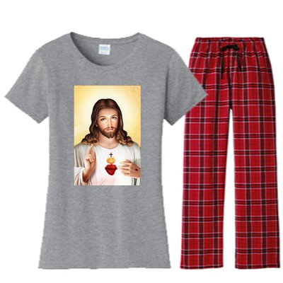 Sacred Heart Of Jesus Christ Christian God Illustration Women's Flannel Pajama Set