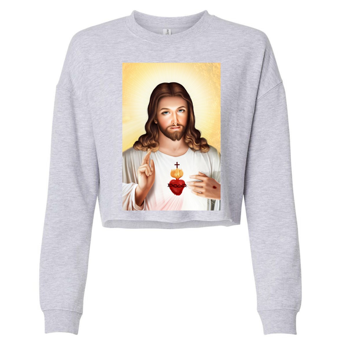 Sacred Heart Of Jesus Christ Christian God Illustration Cropped Pullover Crew