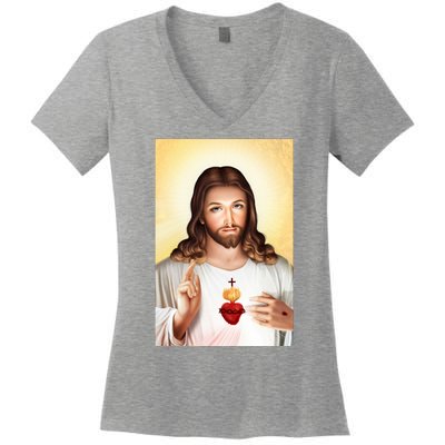 Sacred Heart Of Jesus Christ Christian God Illustration Women's V-Neck T-Shirt