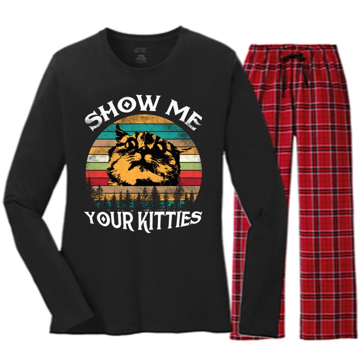 Show Me Your Kitties Retro Cat Lover Women's Long Sleeve Flannel Pajama Set 