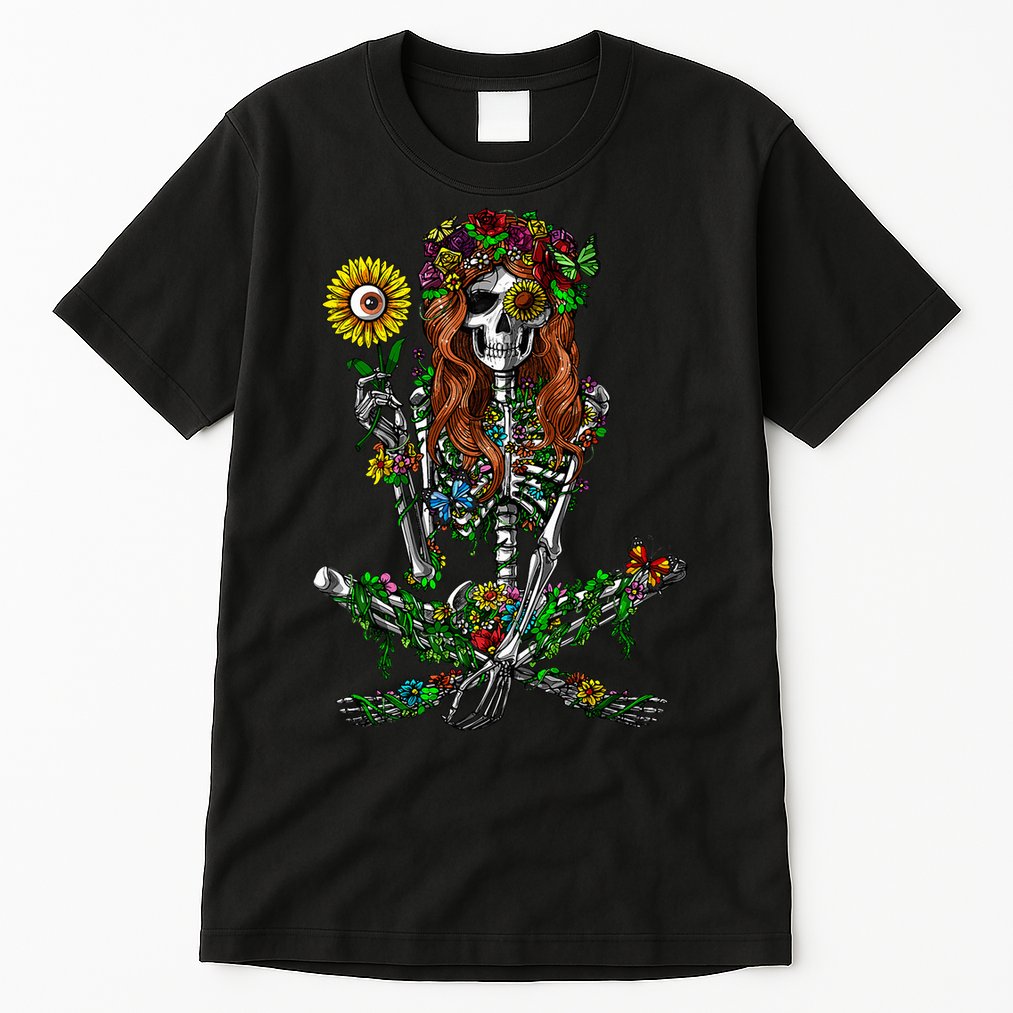 Skeleton Hippie Psychedelic Sunflower Nature Floral Women Tall T-Shirt