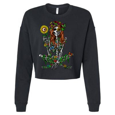 Skeleton Hippie Psychedelic Sunflower Nature Floral Women Cropped Pullover Crew