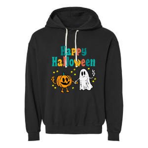 Spooky Halloween Pumpkin Ghost Retro Vibes Garment-Dyed Fleece Hoodie