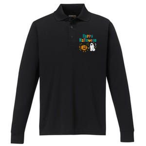 Spooky Halloween Pumpkin Ghost Retro Vibes Performance Long Sleeve Polo