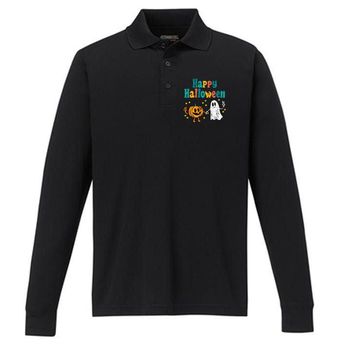 Spooky Halloween Pumpkin Ghost Retro Vibes Performance Long Sleeve Polo