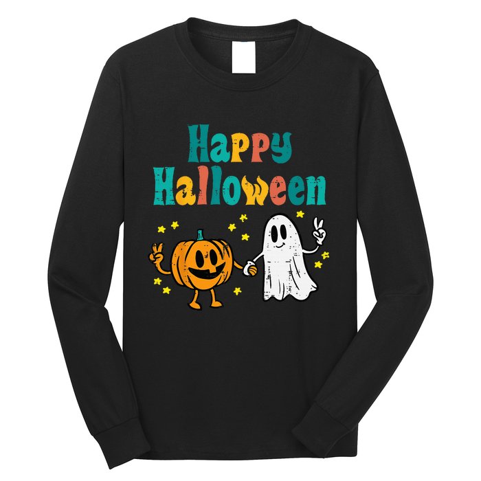 Spooky Halloween Pumpkin Ghost Retro Vibes Long Sleeve Shirt