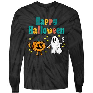 Spooky Halloween Pumpkin Ghost Retro Vibes Tie-Dye Long Sleeve Shirt