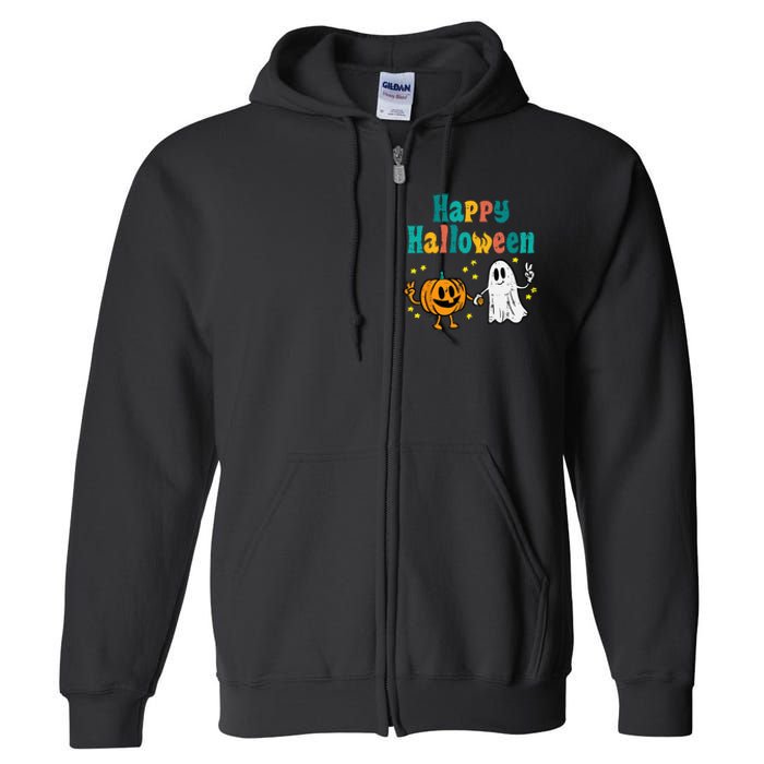 Spooky Halloween Pumpkin Ghost Retro Vibes Full Zip Hoodie