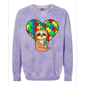 Sloth Heart Puzzle Piece Ribbon Cool Autism Awareness Gift Colorblast Crewneck Sweatshirt