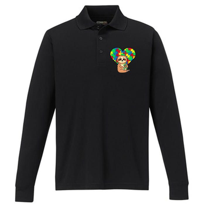 Sloth Heart Puzzle Piece Ribbon Cool Autism Awareness Gift Performance Long Sleeve Polo