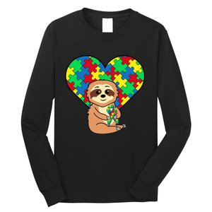 Sloth Heart Puzzle Piece Ribbon Cool Autism Awareness Gift Long Sleeve Shirt