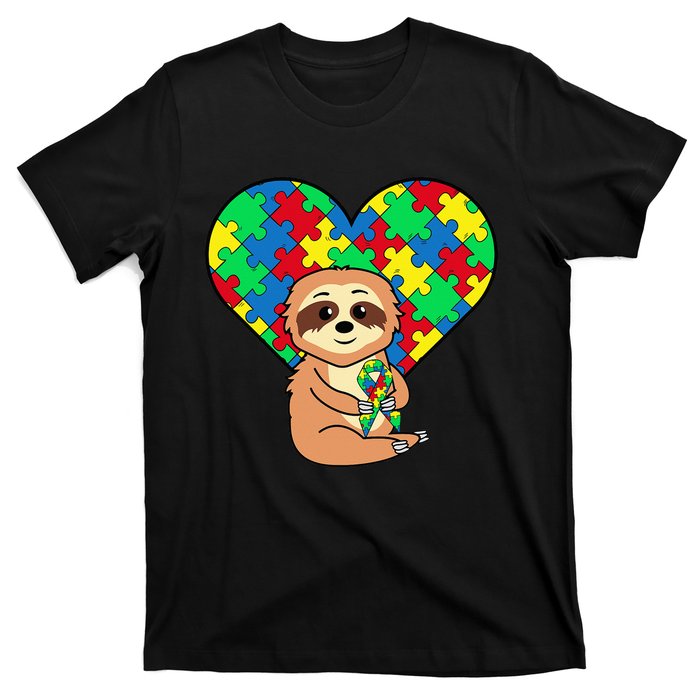 Sloth Heart Puzzle Piece Ribbon Cool Autism Awareness Gift T-Shirt