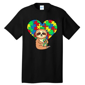 Sloth Heart Puzzle Piece Ribbon Cool Autism Awareness Gift Tall T-Shirt