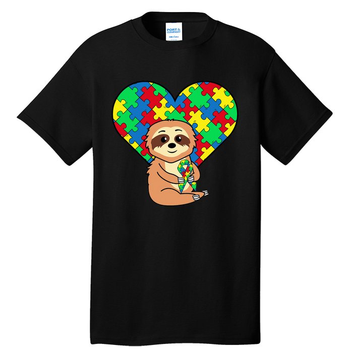 Sloth Heart Puzzle Piece Ribbon Cool Autism Awareness Gift Tall T-Shirt