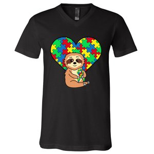 Sloth Heart Puzzle Piece Ribbon Cool Autism Awareness Gift V-Neck T-Shirt