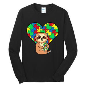 Sloth Heart Puzzle Piece Ribbon Cool Autism Awareness Gift Tall Long Sleeve T-Shirt