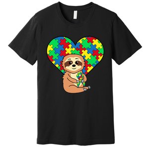 Sloth Heart Puzzle Piece Ribbon Cool Autism Awareness Gift Premium T-Shirt